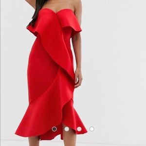 exaggerated frill bandeau scuba midi dress